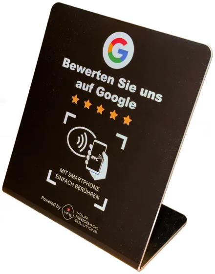NFC-Aufsteller aus schwarzem Acryl mit der Aufschrift „Bewerten Sie uns auf Google“, fünf Sternen und dem Hinweis, das Smartphone kurz aufzulegen.