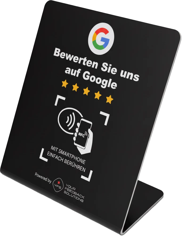 Schwarzer NFC-Aufsteller mit Google-Logo, fünf Sternen und dem Hinweis „Mit Smartphone einfach berühren“